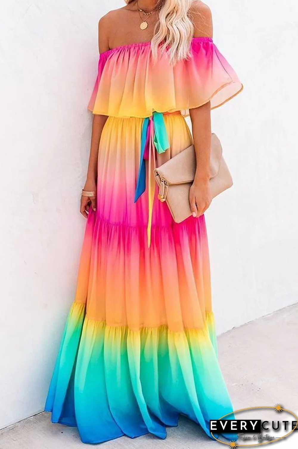 Elegant Off Shoulder Rainbow Maxi Dress P11386