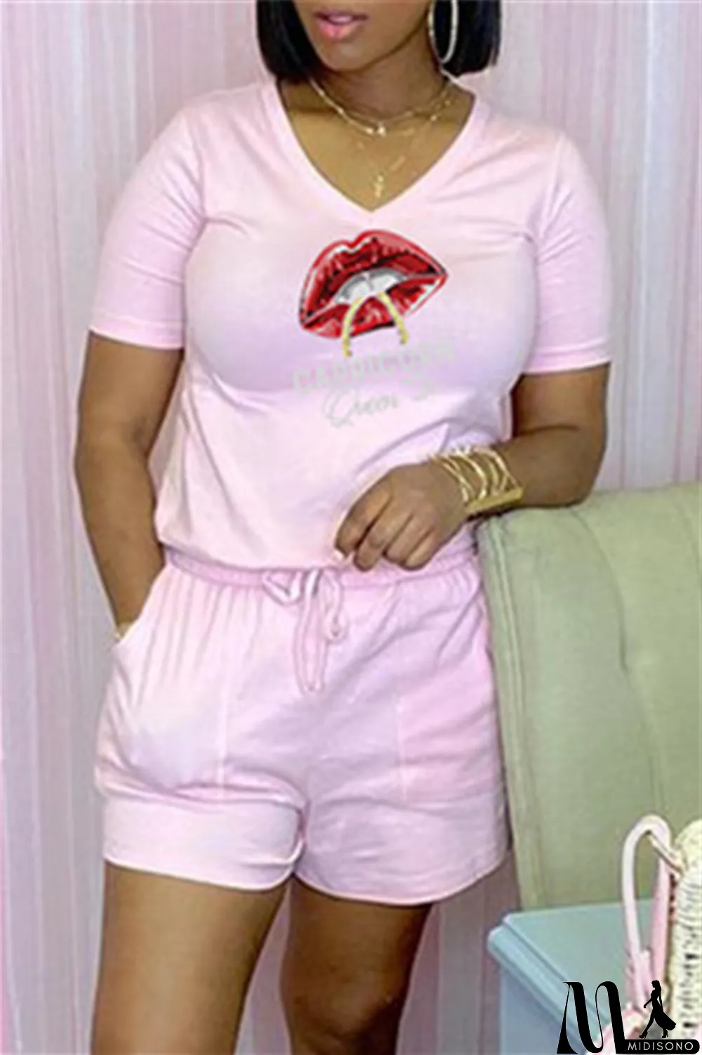 MidiSono - Rose Red Fashion Casual Lips Printed Basic V Neck Short Sleeve Two Pieces