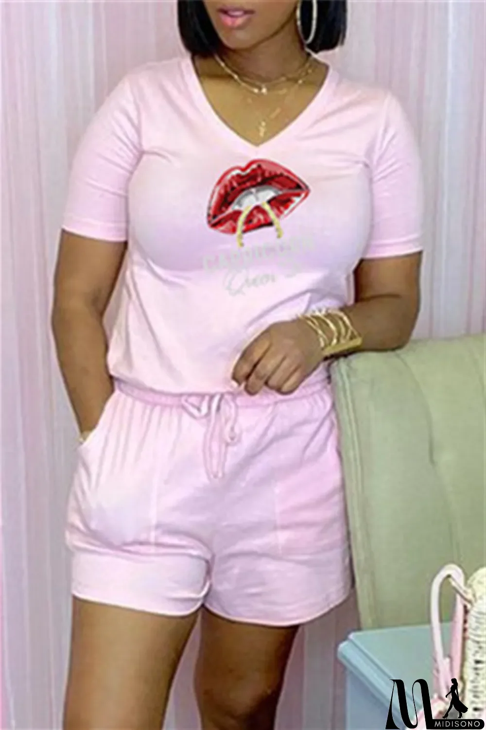 MidiSono - Rose Red Fashion Casual Lips Printed Basic V Neck Short Sleeve Two Pieces