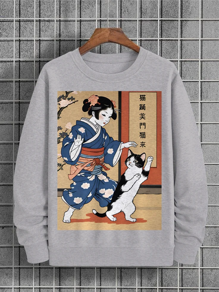 Men's Cat Floral Japanese Illustration Print Cotton Casual Sweatshirt