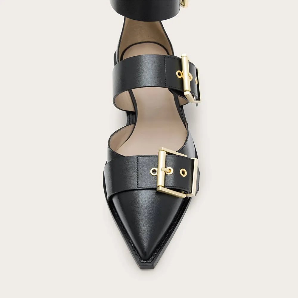 Fashion Black Pointed Toe Ankle Strap Buckled Women's Dress Flats