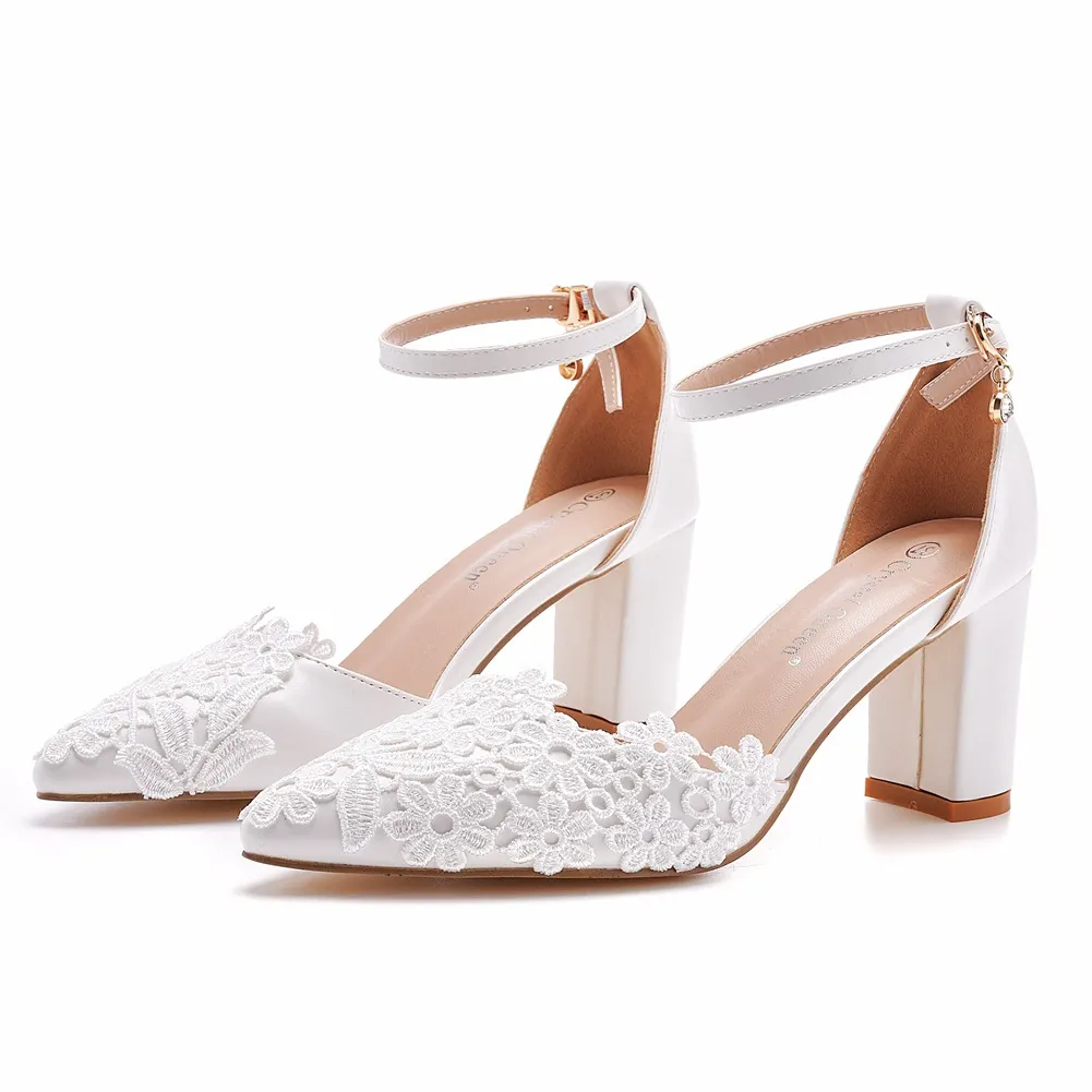 Breakj Breakj 7 Cm Thick Heel Sharp-Headed Hollow Sandals Spring Square Heeled Women's Shoes White Lace Bride High Heels