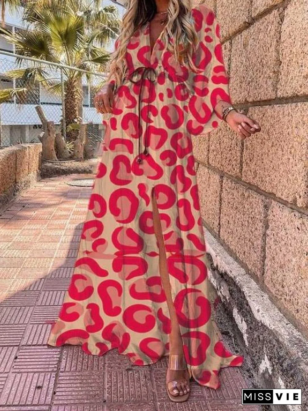 Temperament Commuter V-Neck Printed Chiffon Dress