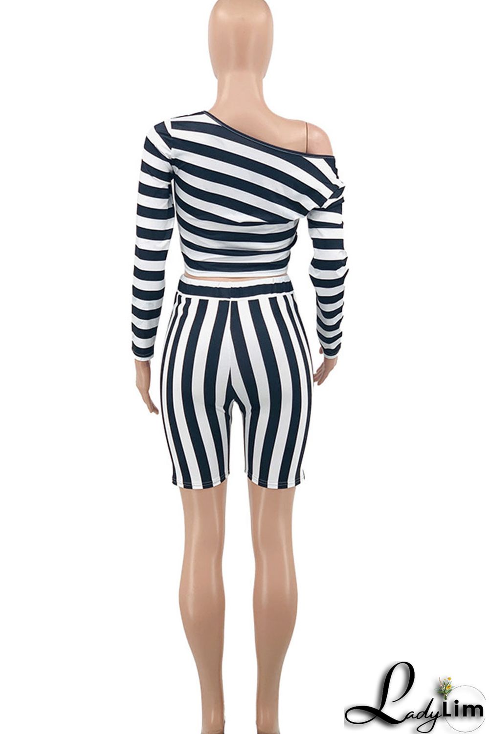 Blue Casual Striped Print Patchwork Asymmetrical Collar Plus Size Two Pieces