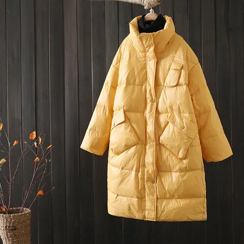 Ailegogo Winter Women Thick Warm White Down Long Jacket Casual Female Loose Fit Stand Collar Zipper Pocket Coat Snow Outwear