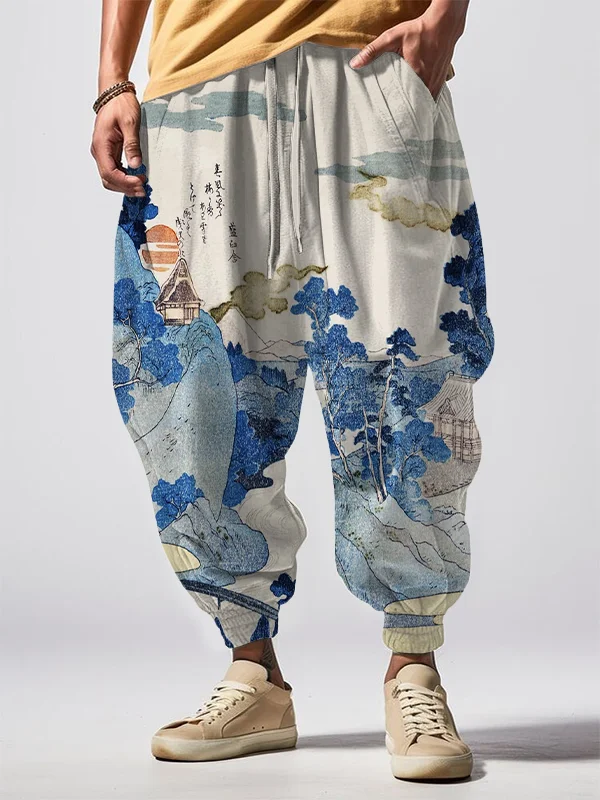 Men's Japanese Landscape Art Print Loose Drawstring Waist Sweatpants