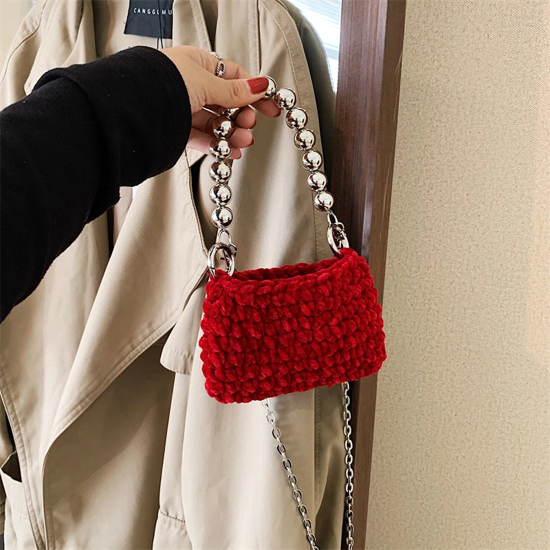 Kid’S Woolen Solid Color Elegant Classic Style Weave Square Open Shoulder Bag