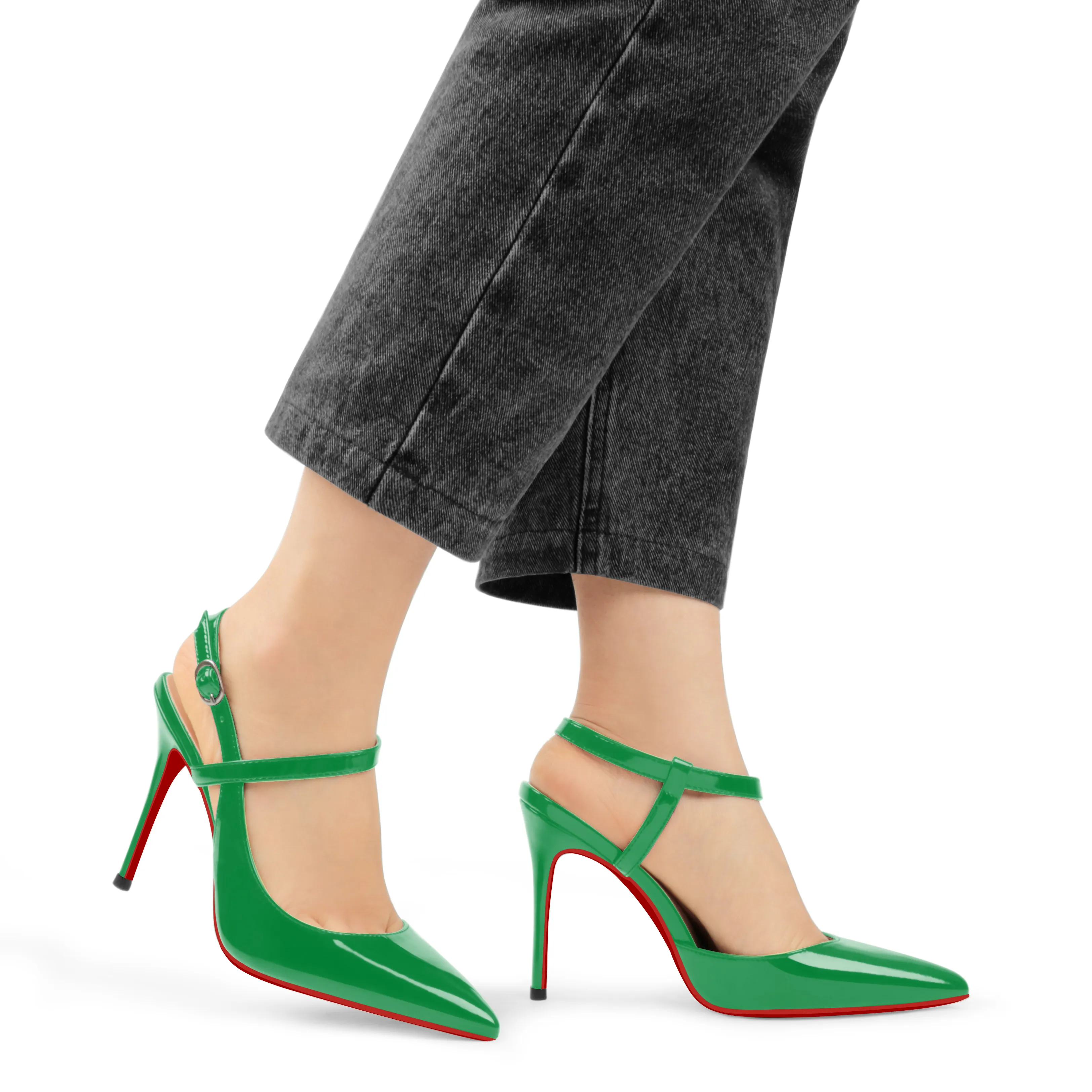 100mm Women Slingback Patent Pumps Ankle Strap Jenlove Stiletto Mid Heel Close Pointed Toe Dress Red Bottoms Shoes