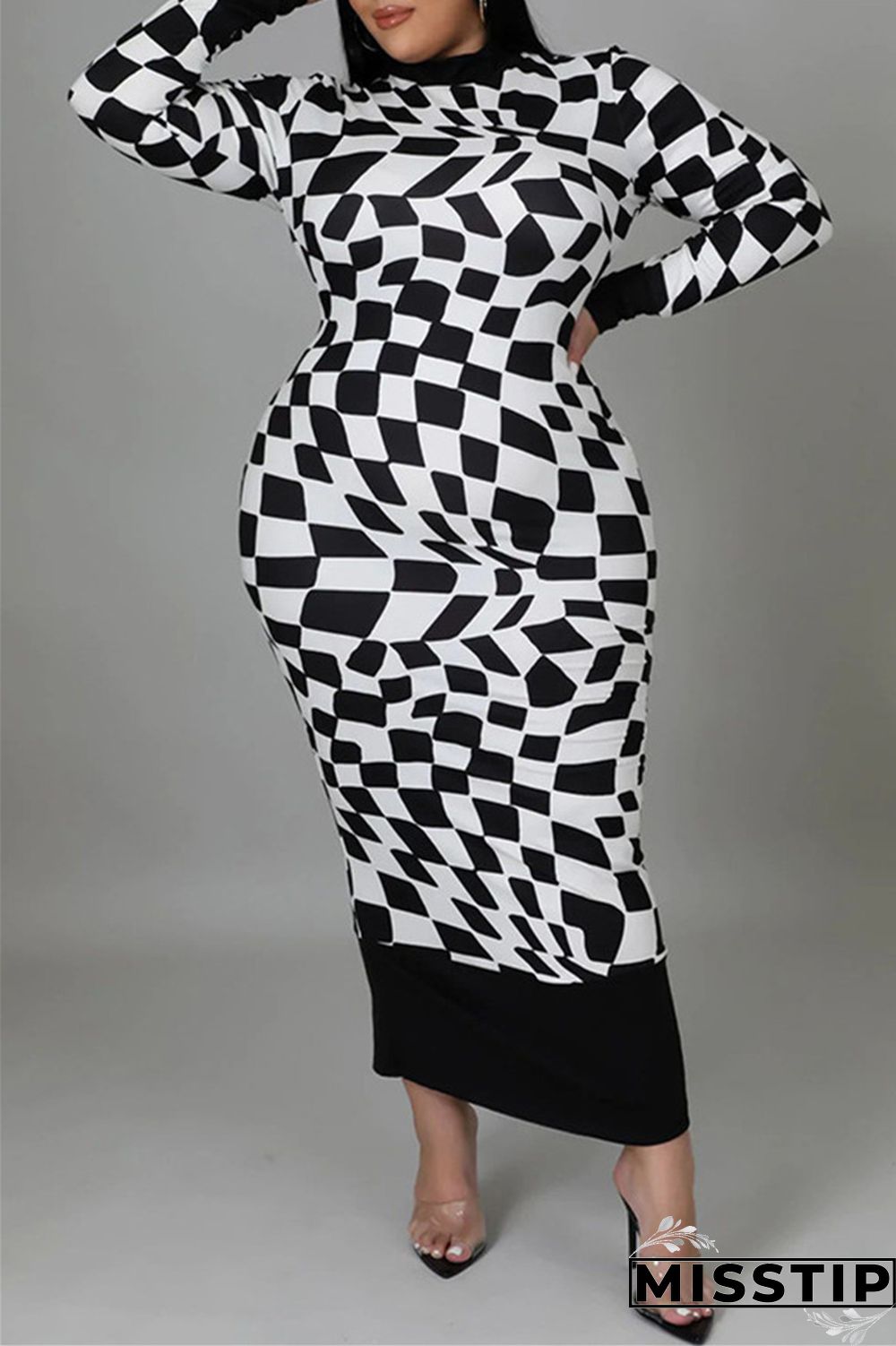 Yellow Casual Plaid Print Patchwork Half A Turtleneck Long Sleeve Plus Size Dresses