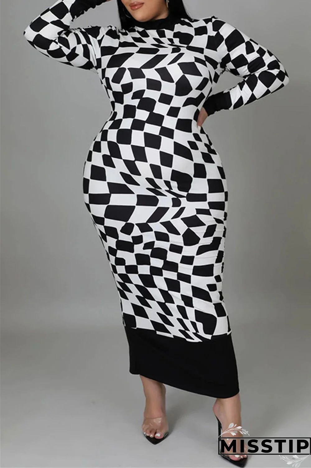 Yellow Casual Plaid Print Patchwork Half A Turtleneck Long Sleeve Plus Size Dresses