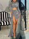 Shiny Long Sleeve Hollow Cropped Party Maxi Dress