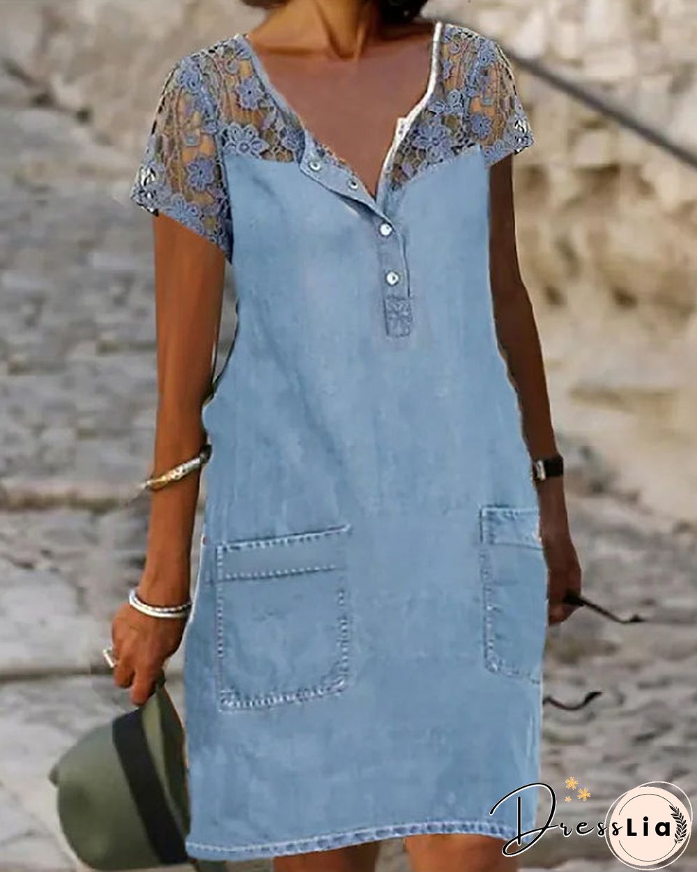 Denim Print Button V-Neck Short Sleeve Dress