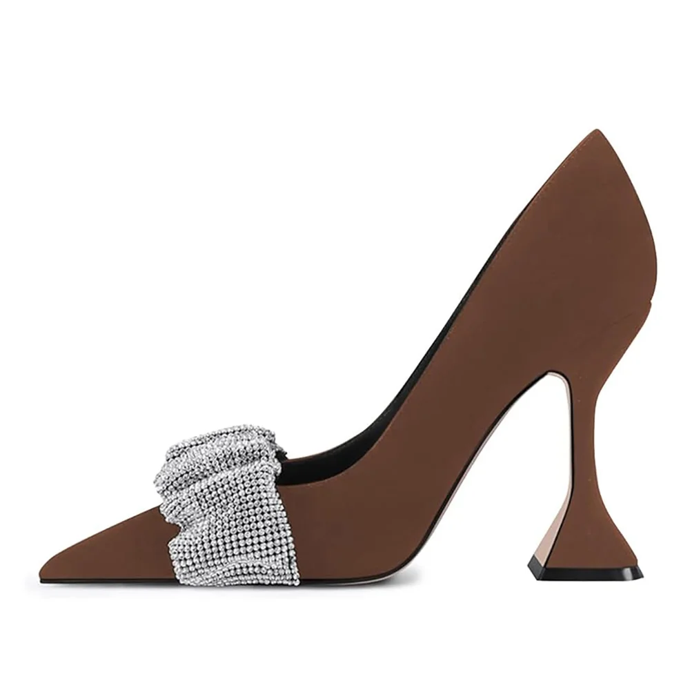 Brown Faux Suede Sophisticated Pointed Rhinestone Flared Heel Pumps