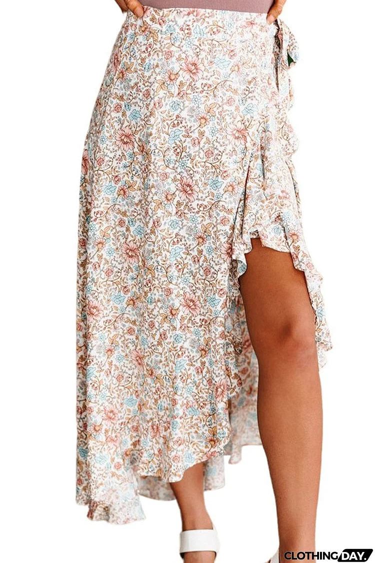 Wrap Style High-low Ruffle Hemline Floral Skirt