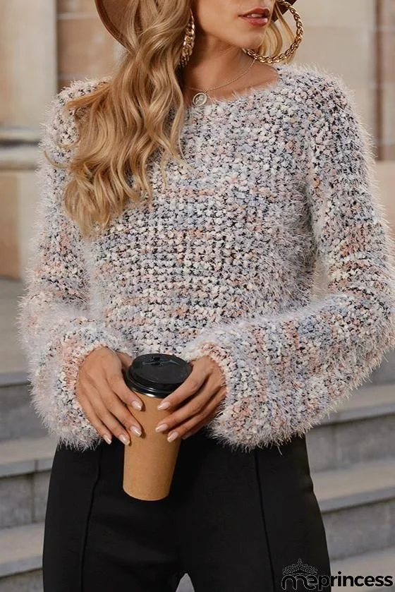 Fuzzy O Neck Long Sleeve Sweater