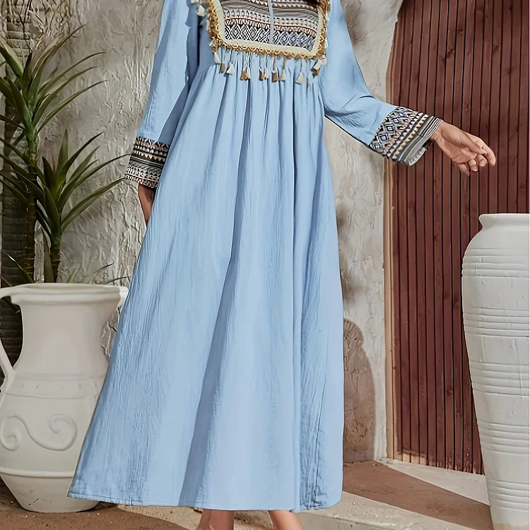 Contrast Trim Elegant Dress, Long Sleeve Dress For Spring & Fall, Women's Clothing