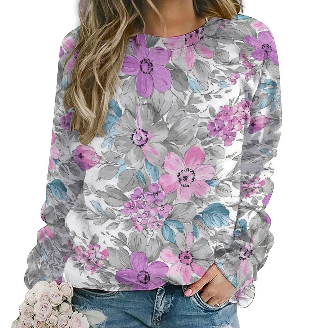 Printed Long Sleeve Casual Sweatshirt for  Women and Men Unisex Pattern Floral, Purple, Green