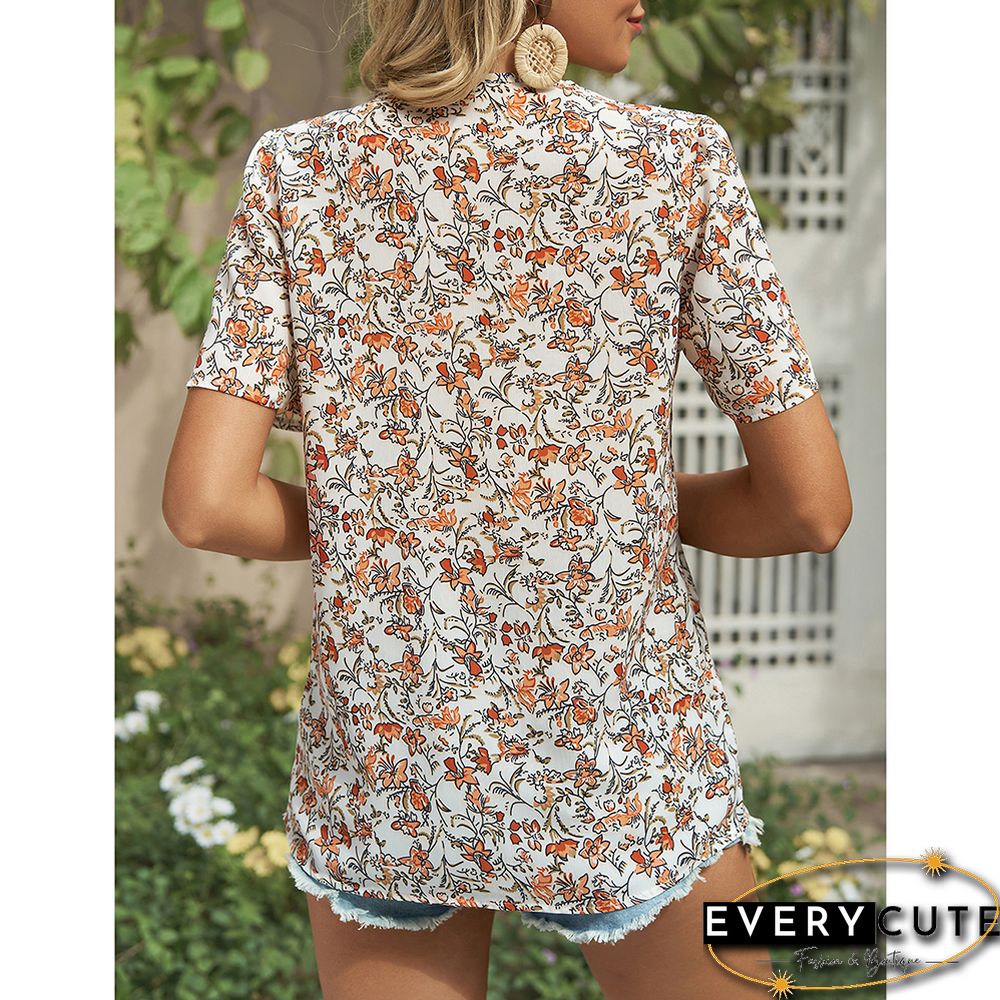 Orange V Neck Floral Chiffon Short Sleeve Tees