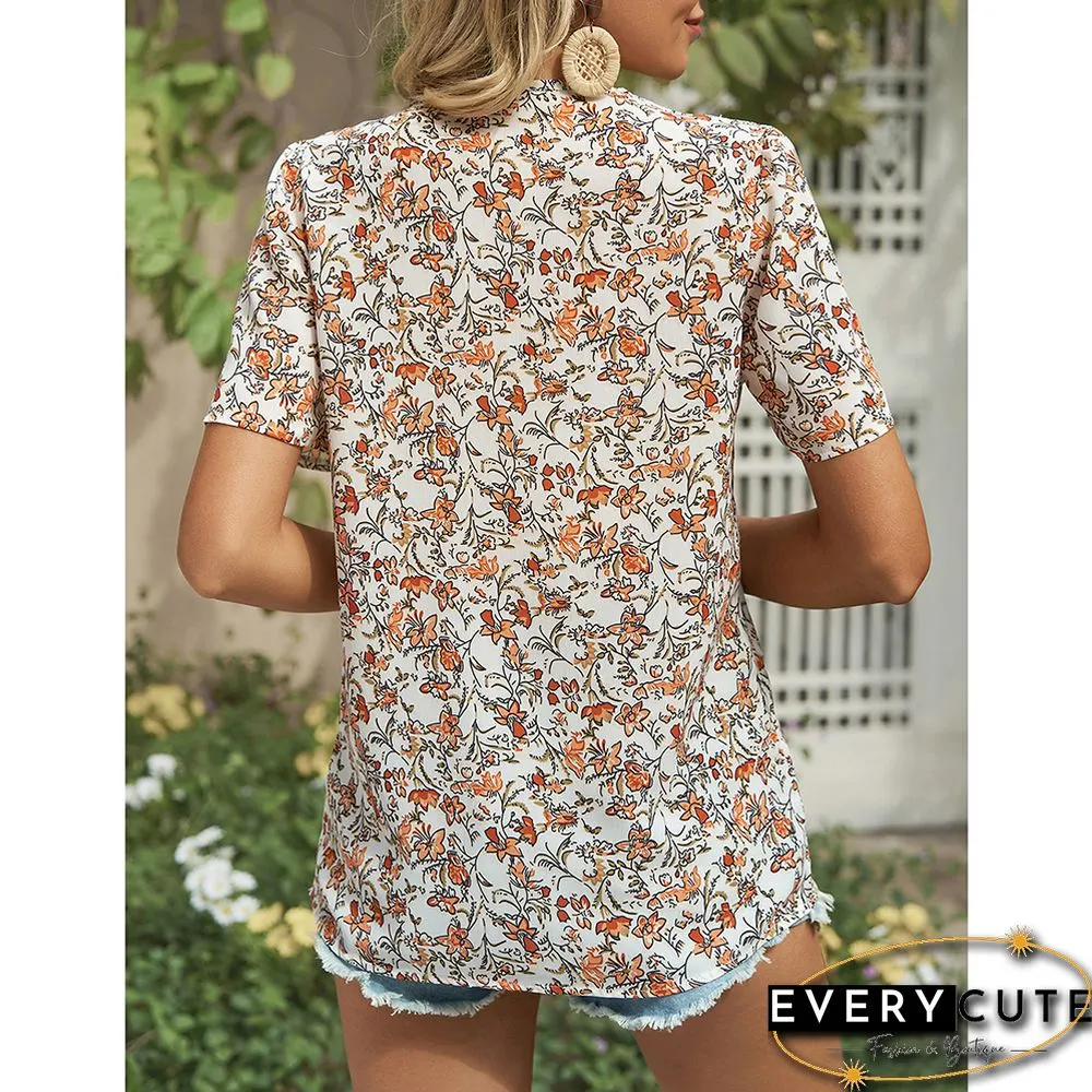 Orange V Neck Floral Chiffon Short Sleeve Tees