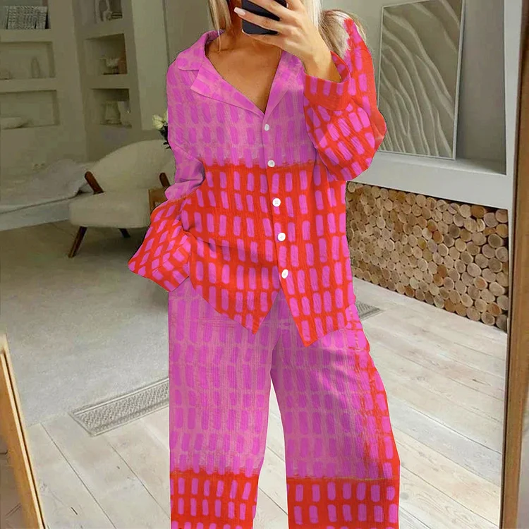 Women's Geometry Printed Cotton Cardigan Homewear Set