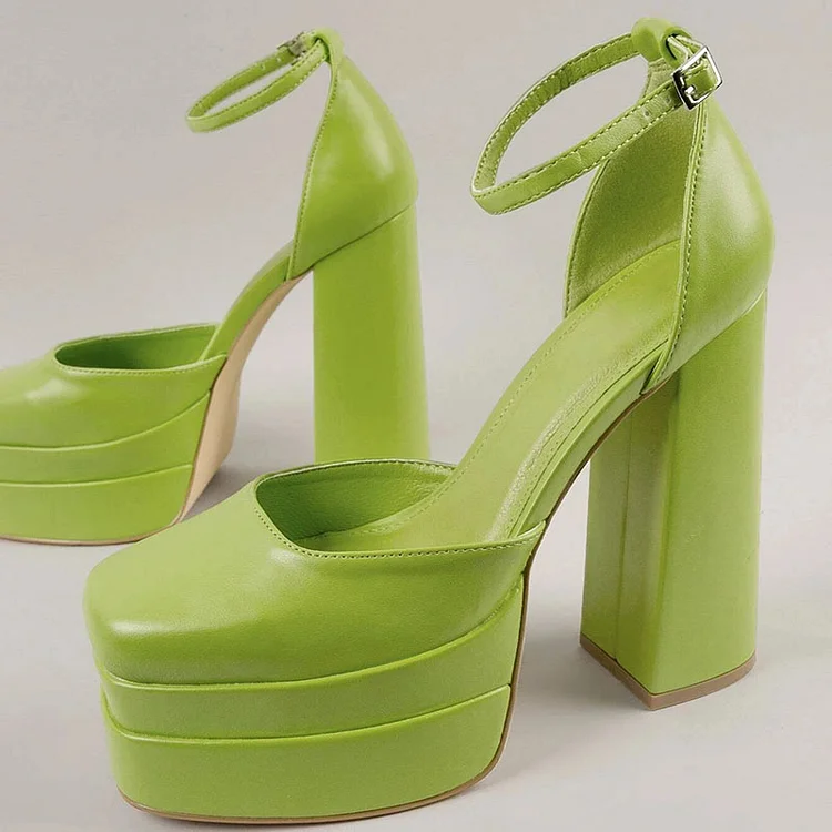 Green Square Toe Chunky Heels Vintage Platform Shoes Ankle Strap Pumps |FSJ Shoes