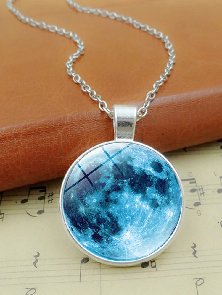 Casual Blue Moon Round Alloy Luminous Pendant Necklace