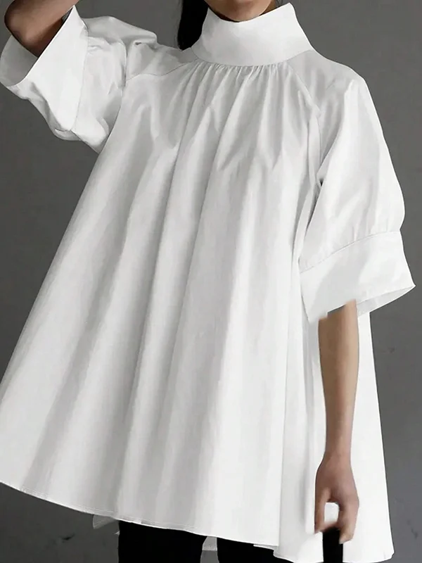 Solid Color Half Sleeves Loose High Neck Blouses&Shirts Tops