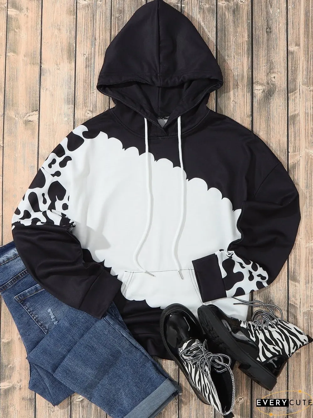 Cow Print Tie Dye Drawstring Hoodie with Pockets