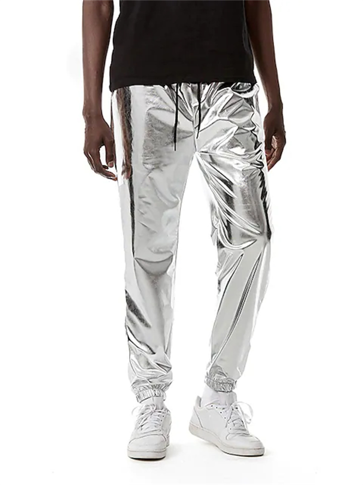 Men's Joggers Trousers Casual Pants Sequin Pants Drawstring Elastic Waist Shiny Metallic Solid Color Full Length Club Nightclub Disco Lights Casual Trousers Loose Fit Black Silver Micro-elastic