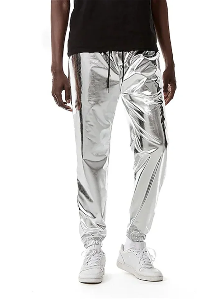 Men's Joggers Trousers Casual Pants Sequin Pants Drawstring Elastic Waist Shiny Metallic Solid Color Full Length Club Nightclub Disco Lights Casual Trousers Loose Fit Black Silver Micro-elastic-Cosfine