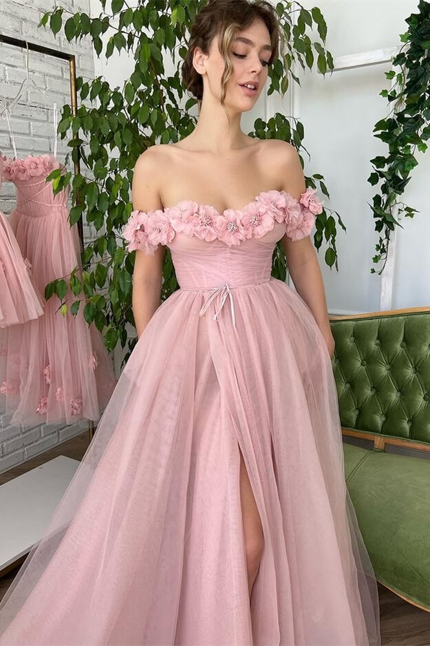 Dusty Pink Strapless A-Line Slit Off-The-Shoulder Evening Dress With Tulle Appliques | Ballbellas Ballbellas
