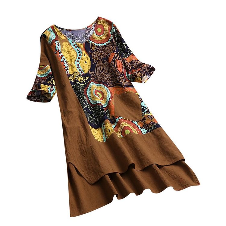Women's New Fashion Ethnic Style Print Mid-sleeve Midi Dress