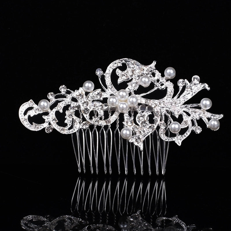 Bridal Crown Flower Alloy Plating Hollow Out Inlay Rhinestones Pearl Insert Comb 1 Piece
