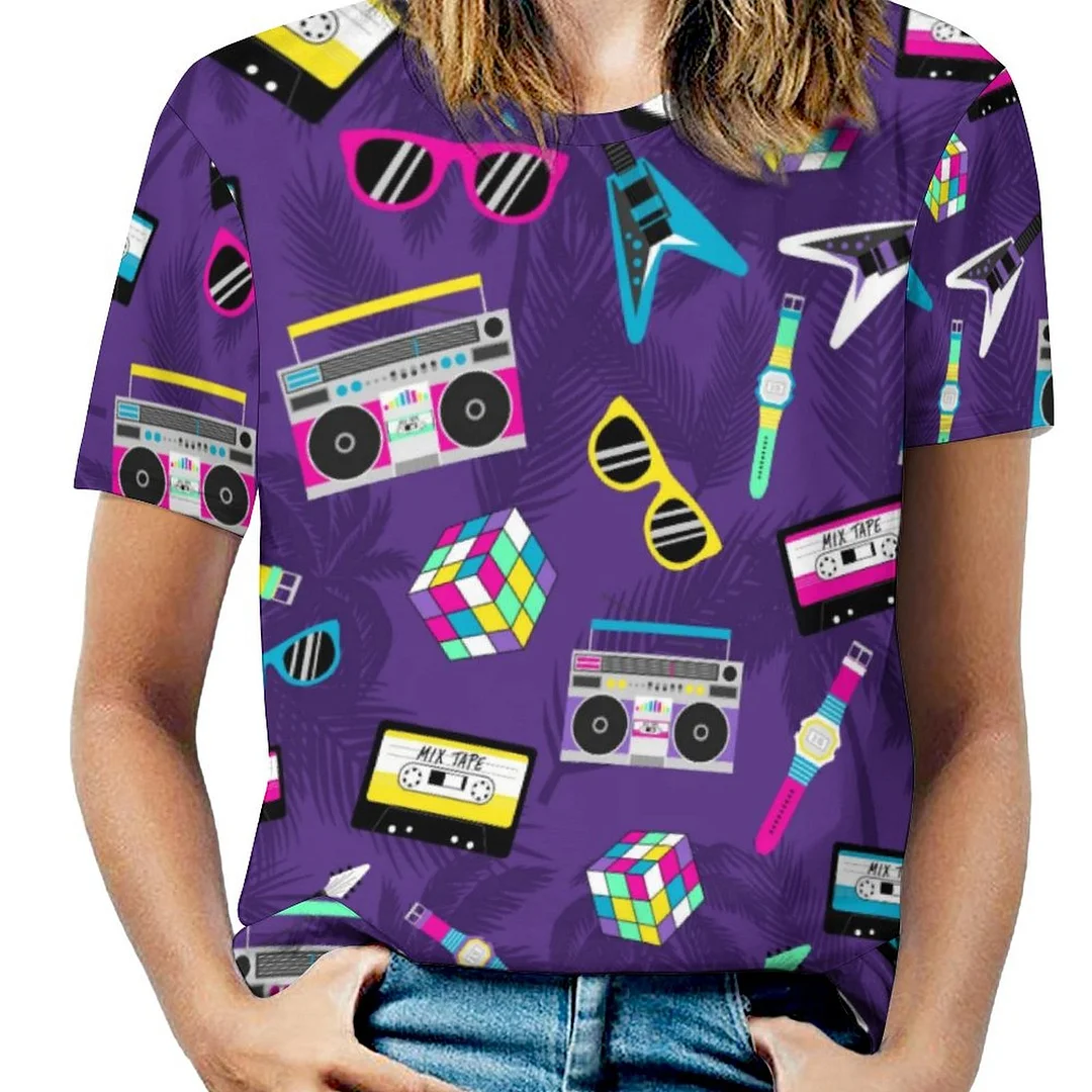 Trendy Style From 80S Purple Short Sleeve Shirt Women Plus Size Blouse Tunics Tops