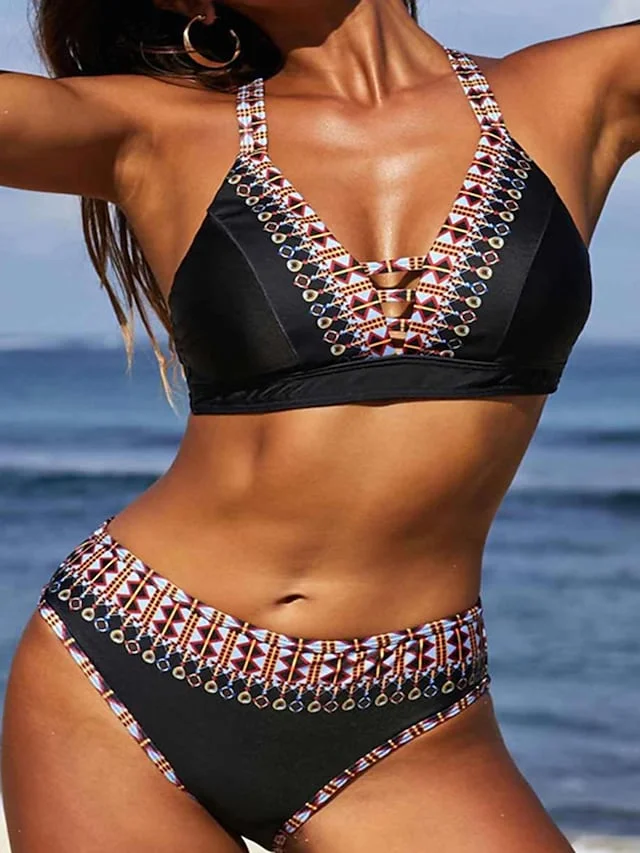 Women's Swimwear Bikini Normal Swimsuit 2 Piece Printing Geometic Black Bathing Suits Sports Beach Wear Summer | IFYHOME
