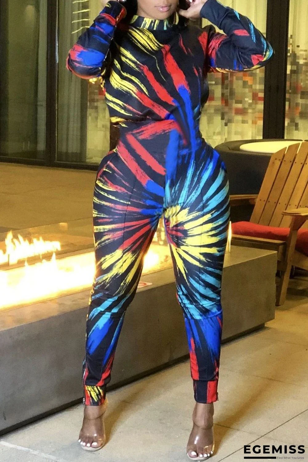 Multicolor Fashion Sexy Print Patchwork O Neck Skinny Jumpsuits | EGEMISS
