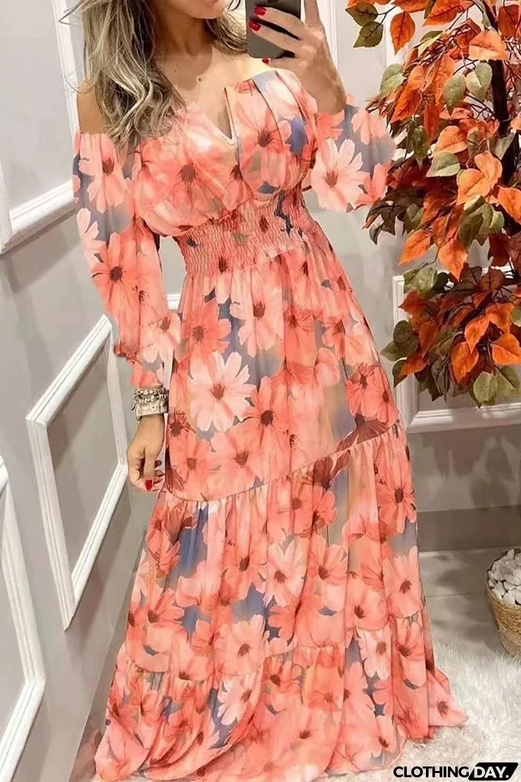 Floral Off Shoulder V Neck Maxi Dress