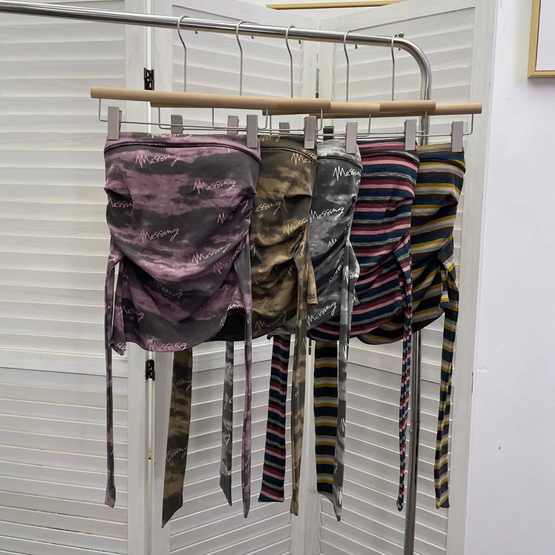 Nigikala Nigikala Shot Y2k With Chest Pads With Chest Pads To Wear Chest Vest Irregular Belt Strap Short Tie-Dye Letter Print Top 9270