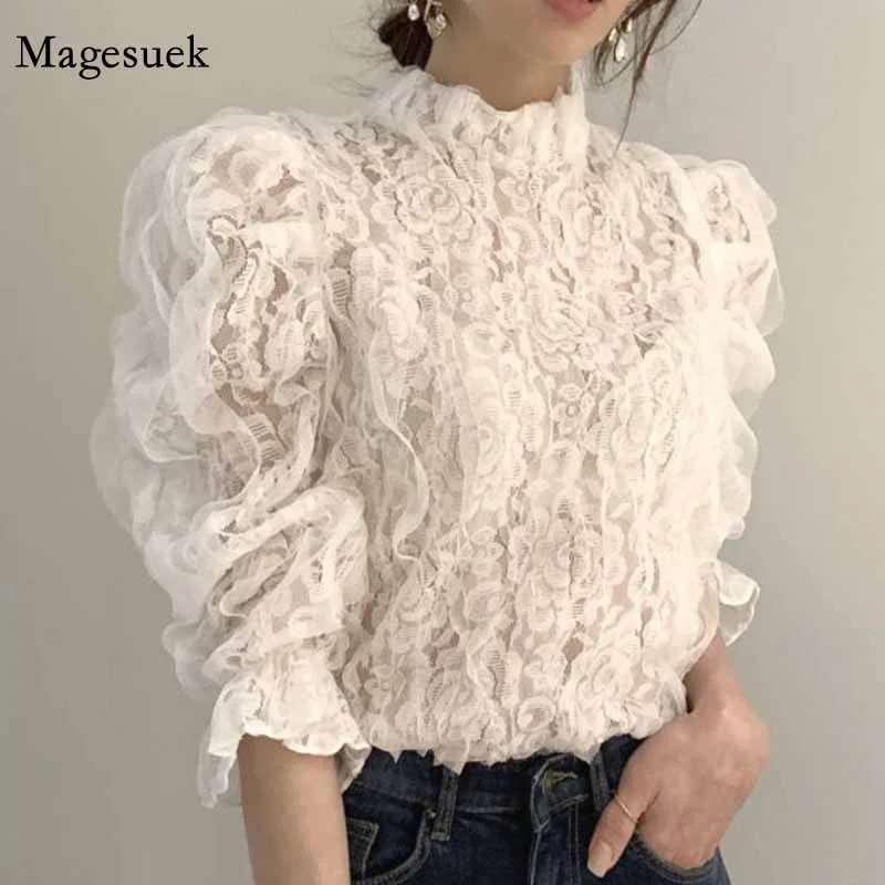 Korean Style Stand Collar Lace Mesh Blouse Women New Long Sleeve Elegant Fashion Lady Solid Tops Sweet Clothing Blusas 12511
