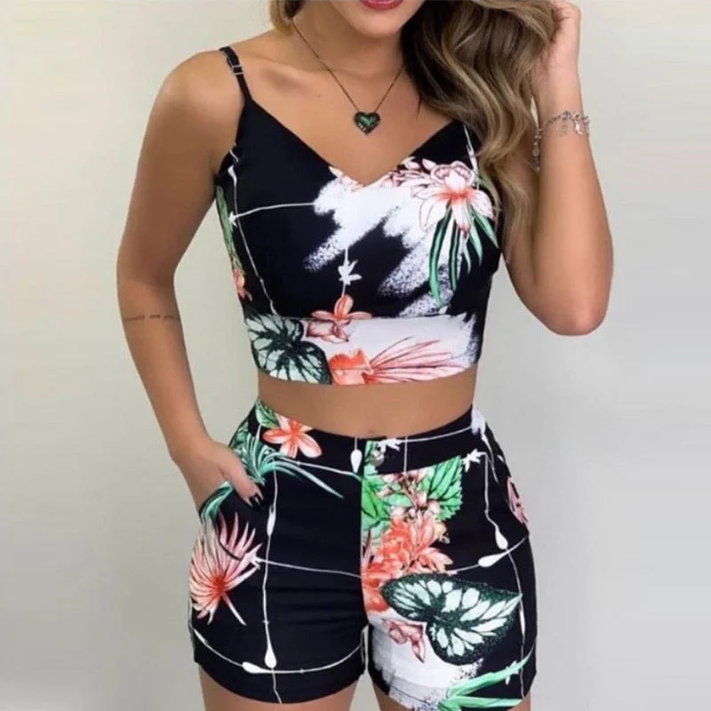 Graduation Gifts  Print Spaghetti Strap Crop Top & Short Sets Casual Summer 2 Piece Outfits for Women