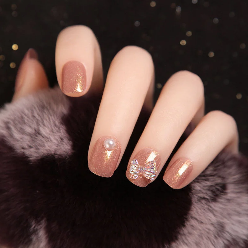24pcs Nude Color press on nails short Paillette Gold Foil Woman Wearable Fake Nails with Glue Girls Daily Decoration Fingernail-Nail Inspo