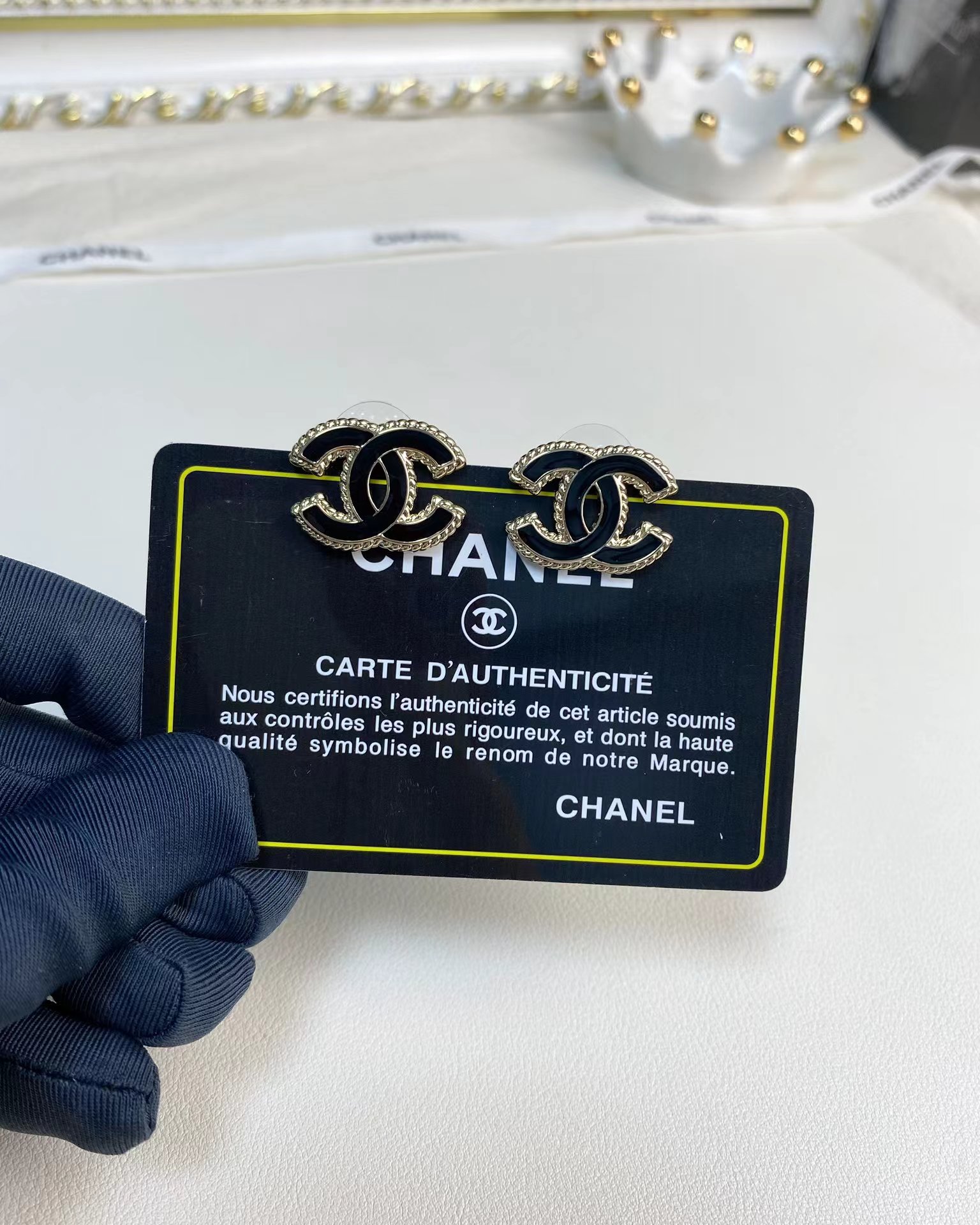 Buy replica Chanel Gold Edge Black Double C Earring and replica jewelry from PICKS Jewelry