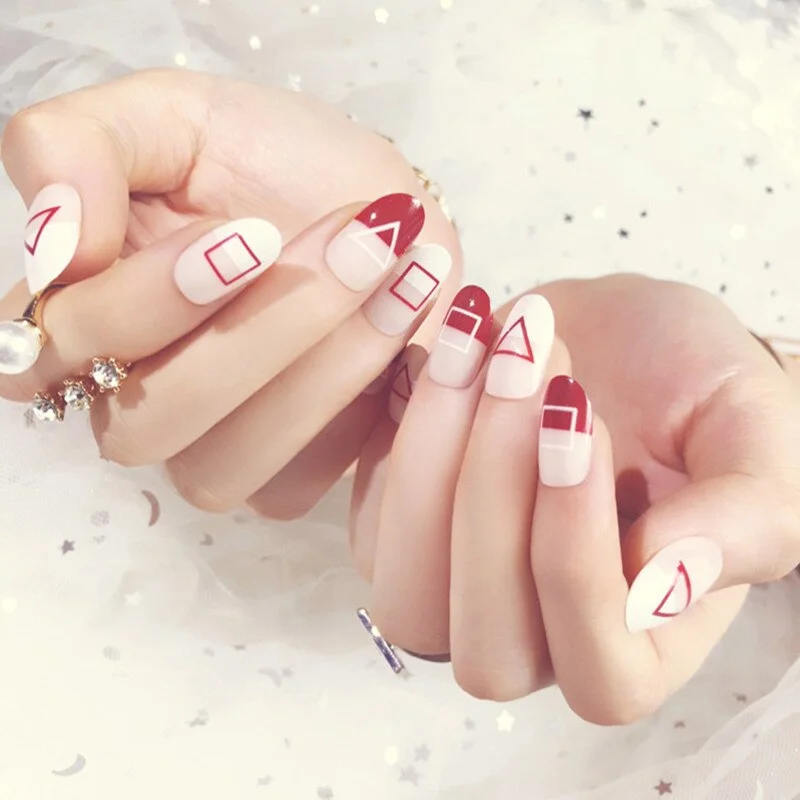 24 Pcs/Set False Nails Full Cover Artificial Fake Nails Press On Tips Painted Design Stickers Short Art Tips with Color Cute Red-Nail Inspo