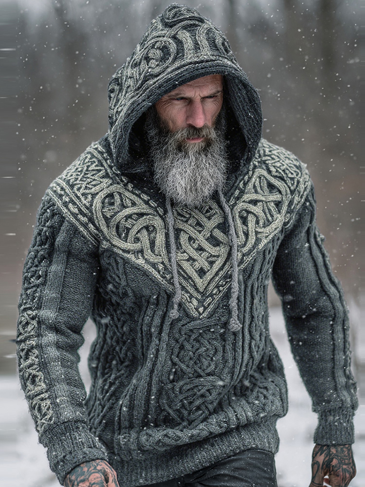 Men's Viking Tribal Jacquard Celtic Knotwork  Inspired Chunky Knit Hooded Sweater  artssus