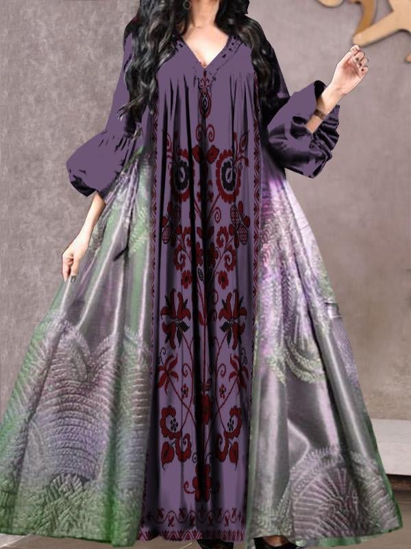 Patched printed purple shirred flare sleeve maxi dress [PRE-ORDER]