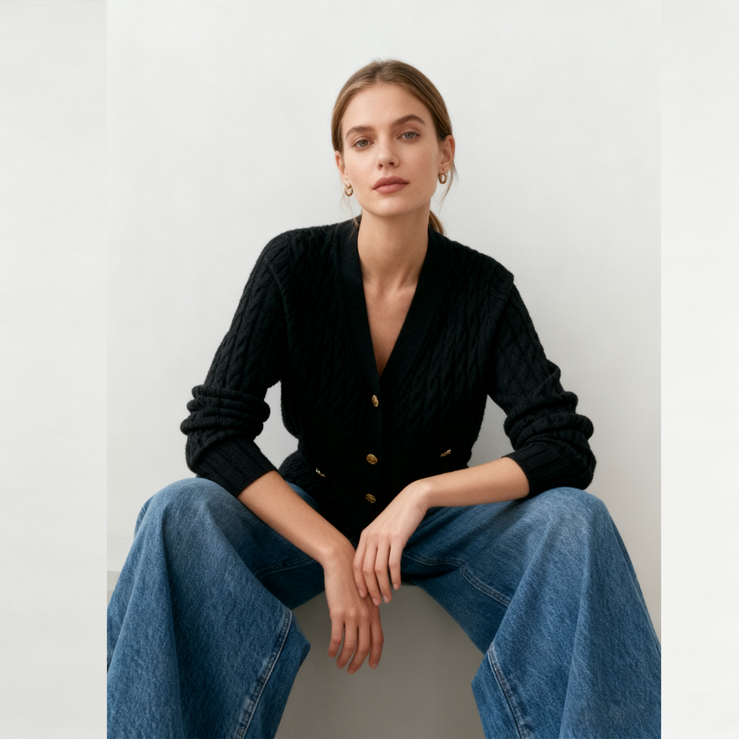 Women's Fitted V-Neck Cable Knit Cashmere Sweater REAL SILK LIFE