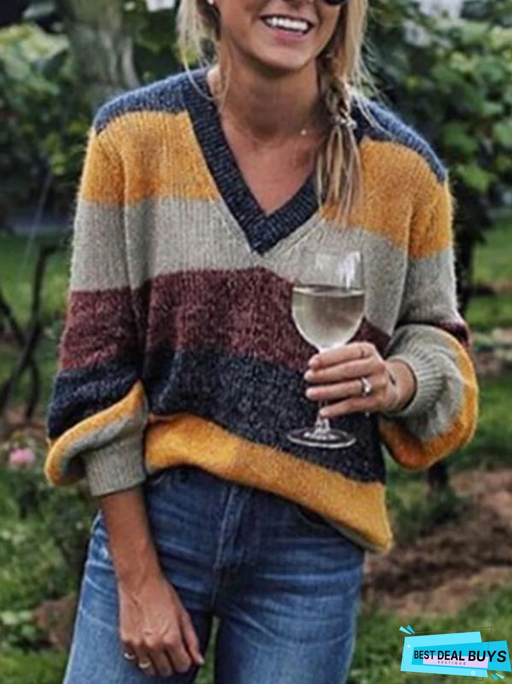 V-Neck Knitting Striped Loose Sweater Tops