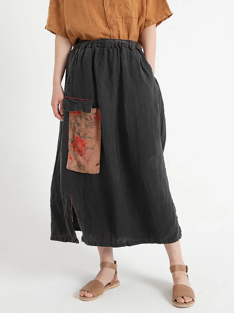 Split Vintage Patchwork Elastic Waist Summer Roomy Skirt