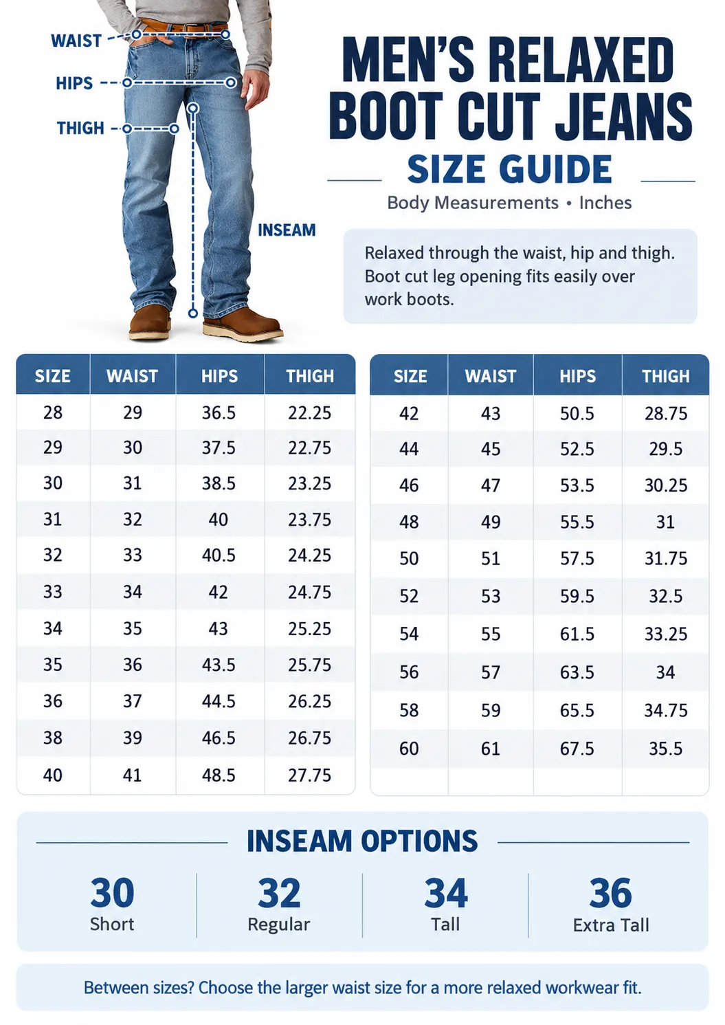 Men's relaxed boot cut jeans size guide