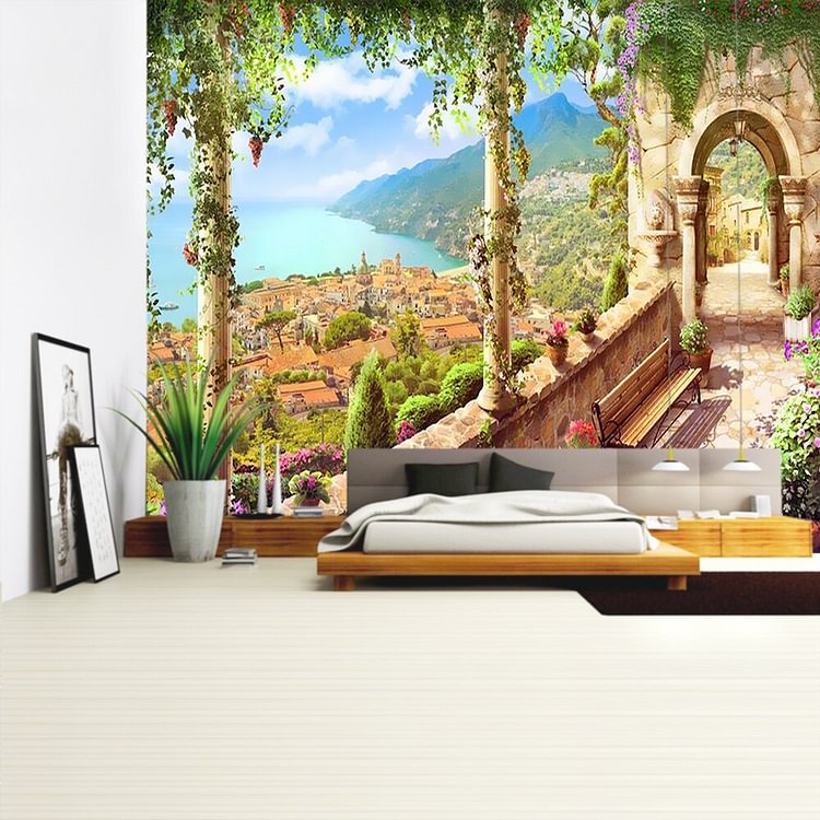【Limited Stock Sale】Tapestry - Balcony City Castle Hill Green Plant Landscape